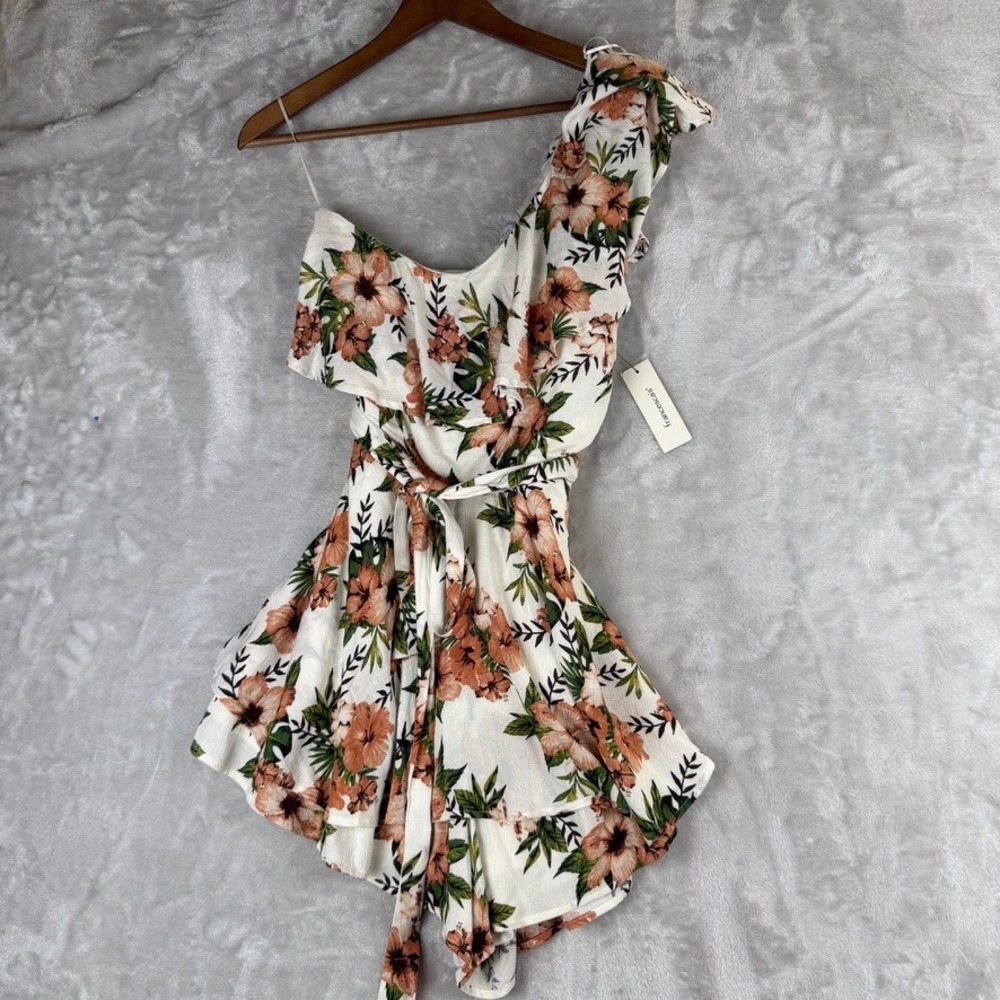 Vacation Vibe Hawaiian Floral One Shoulder Ruffle Romper Dress Tie Waist‎ XL